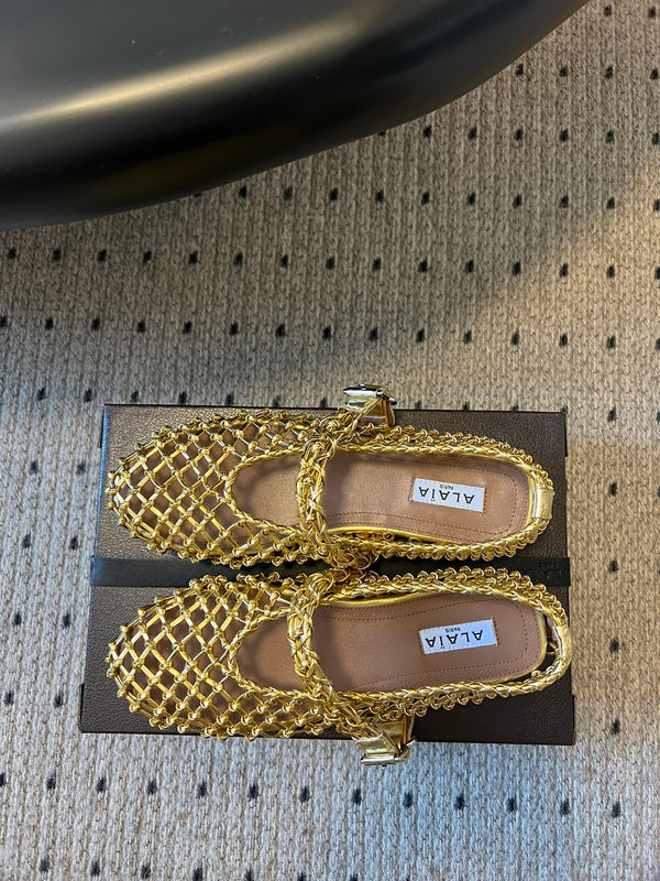 Alaia 25 Woven Ballet Flats Gold Metallic Leather 303675