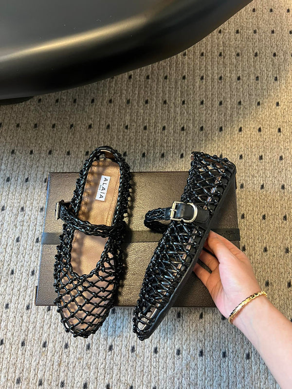 Alaia 25 Braided Ballet Flats Black Cowhide 303677