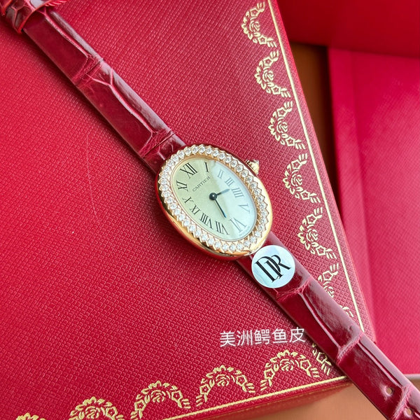 Baignoire 23mm Pink Gold Case Diamond Bezel Red Leather Strap