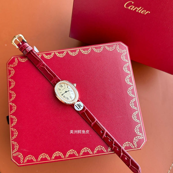 Baignoire 23mm Pink Gold Case Diamond Bezel Red Leather Strap