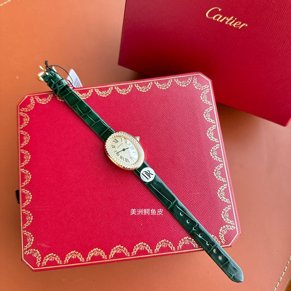 Baignoire 23mm Pink Gold Case Diamond Bezel Dark Green Leather Strap
