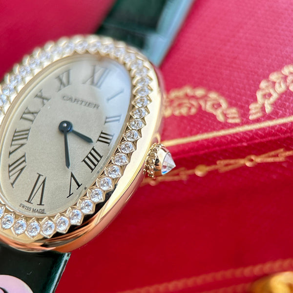 Baignoire 23mm Pink Gold Case Diamond Bezel Dark Green Leather Strap