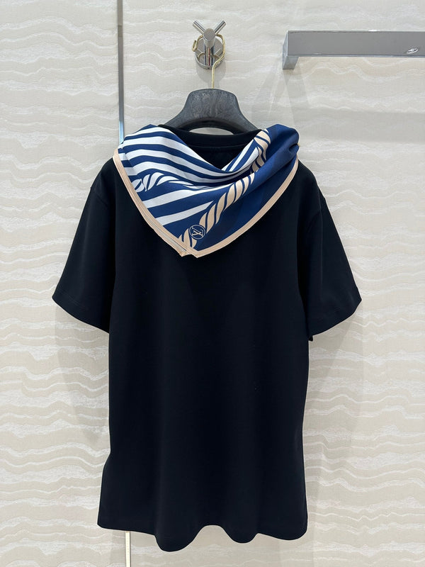 LV High-Sense Silk Scarf T-shirt Black White Cotton