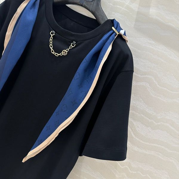 T-shirt con sciarpa in seta LV High-Sense nera e bianca in cotone