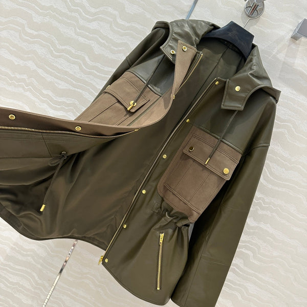 Celine Hooded Jacket Military Green Lambskin