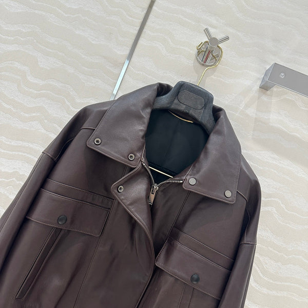 YSL Double Pocket Silhouette Jacket Brown Lambskin