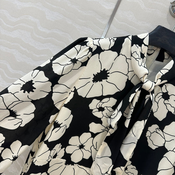 Celine Flower Dress Black mix White Silk