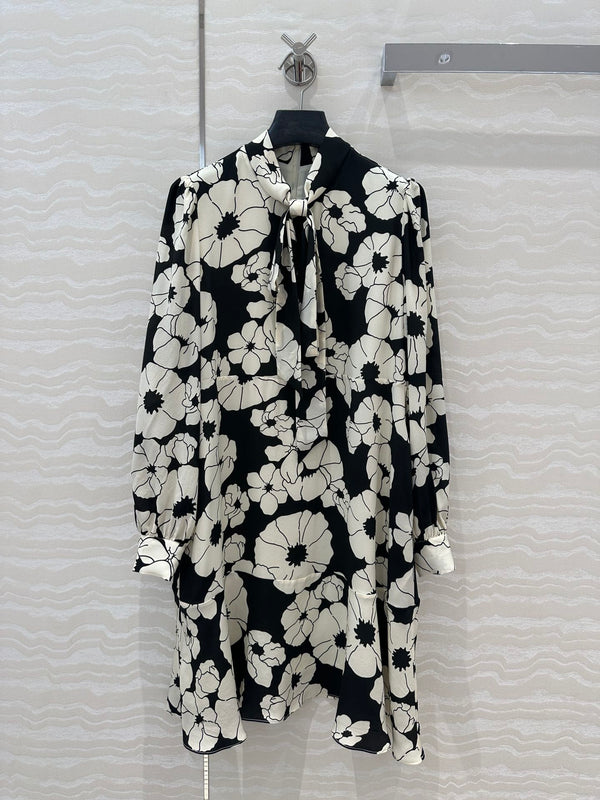 Celine Flower Dress Black mix White Silk