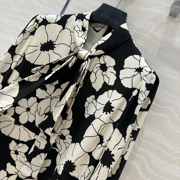 Celine Flower Dress Black mix White Silk
