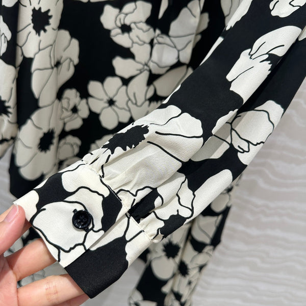 Celine Flower Dress Black mix White Silk