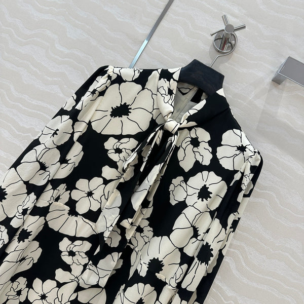 Celine Flower Dress Black mix White Silk