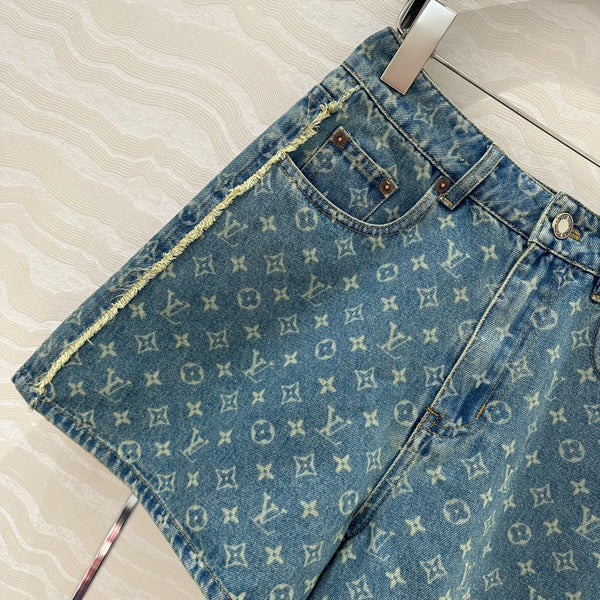 Pantaloncini in denim con bordo laterale LV in cotone blu