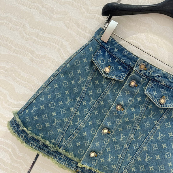 LV Bear Border Denim Skirt Blue Cotton