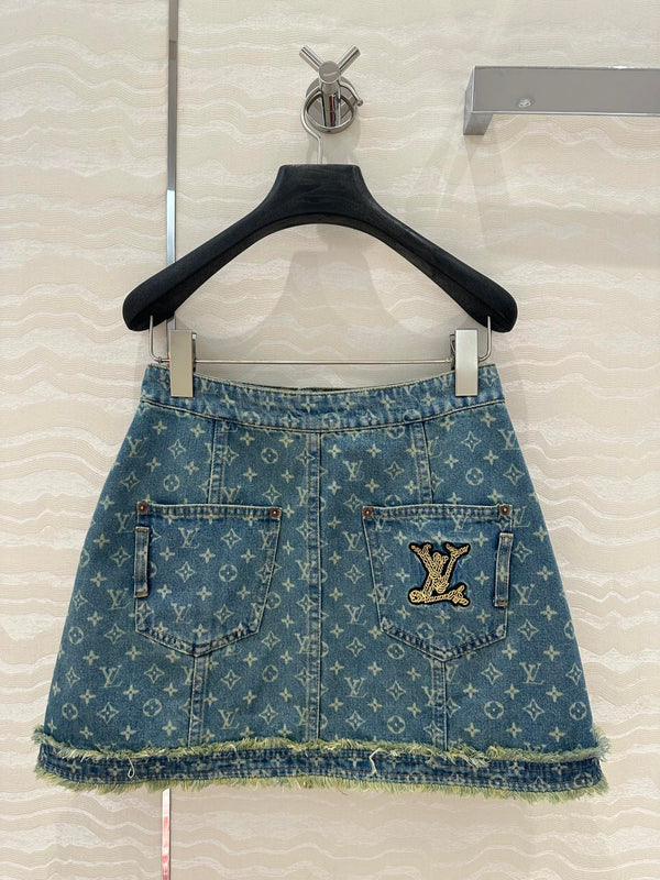 LV Bear Border Denim Skirt Blue Cotton