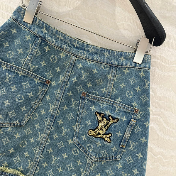 LV Bear Border Denim Skirt Blue Cotton