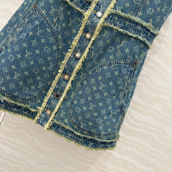 LV Hair Edge Craftsmanship Denim Dress Blue Cotton