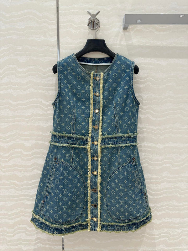 LV Hair Edge Craftsmanship Denim Dress Blue Cotton