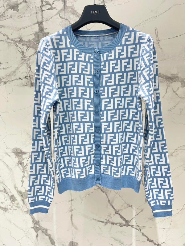 Fendi Double f Letter Knitted Cardigan Steel Blue Wool