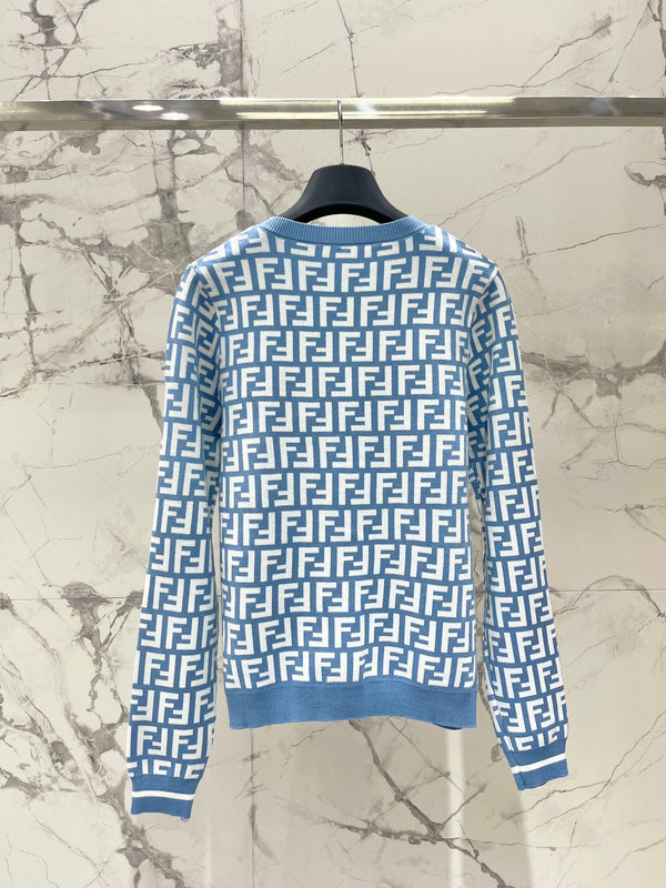 Fendi Double f Letter Knitted Cardigan Steel Blue Wool
