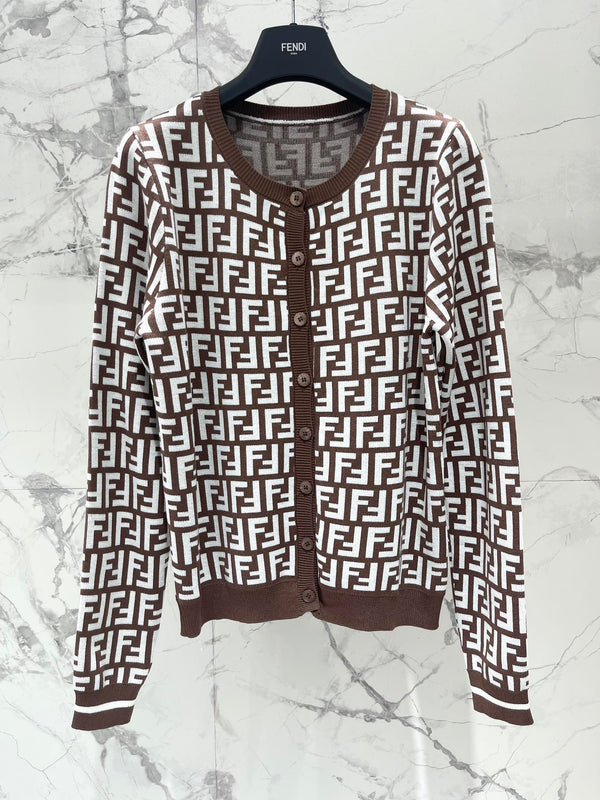Fendi Double f Letter Knitted Cardigan Brown Wool