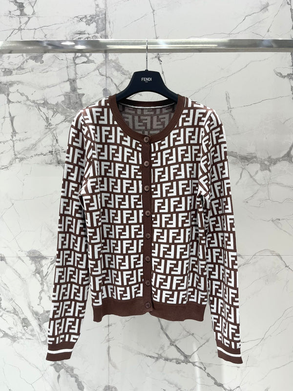 Fendi Double f Letter Knitted Cardigan Brown Wool