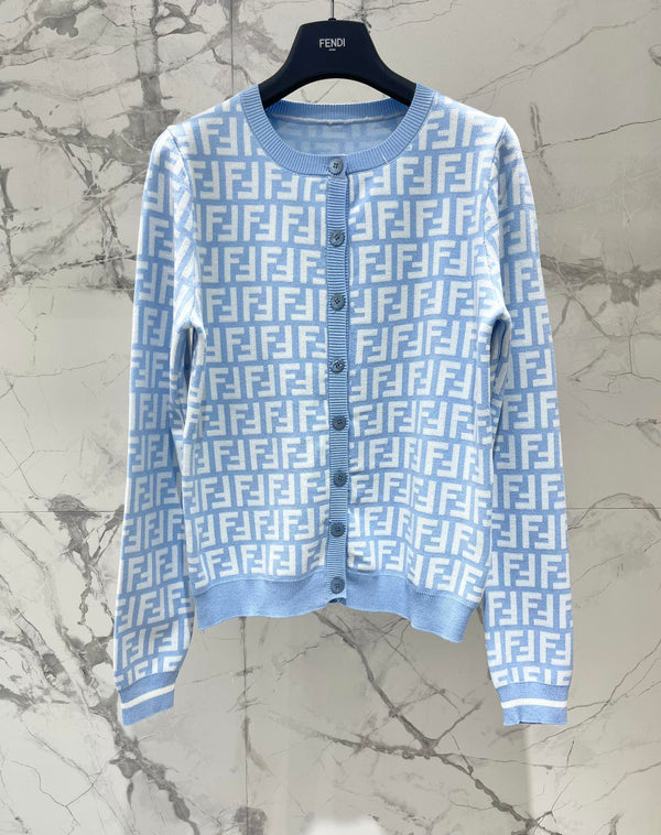Fendi Double f Letter Knitted Cardigan Blue Wool