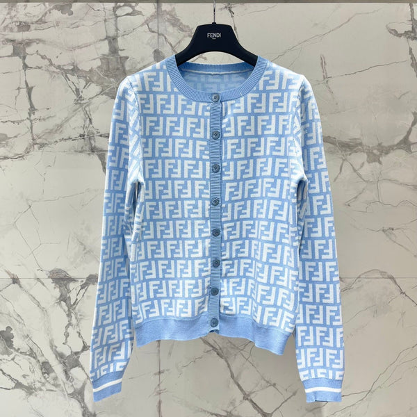 Fendi Double f Letter Knitted Cardigan Blue Wool