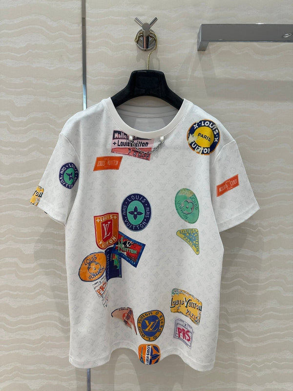 LV Pattern Logo Positioning Poster Badge Printed T-shirt White Cotton