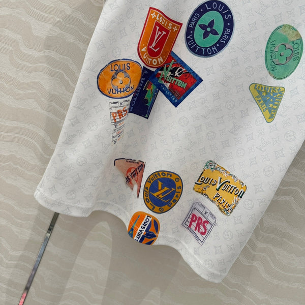 LV Pattern Logo Positioning Poster Badge Printed T-shirt White Cotton