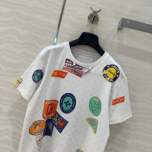 LV Pattern Logo Positioning Poster Badge Printed T-shirt White Cotton