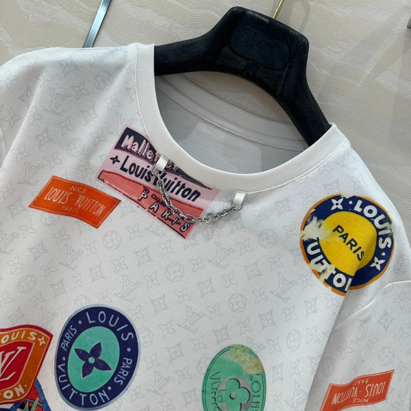 LV Pattern Logo Positioning Poster Badge Printed T-shirt White Cotton
