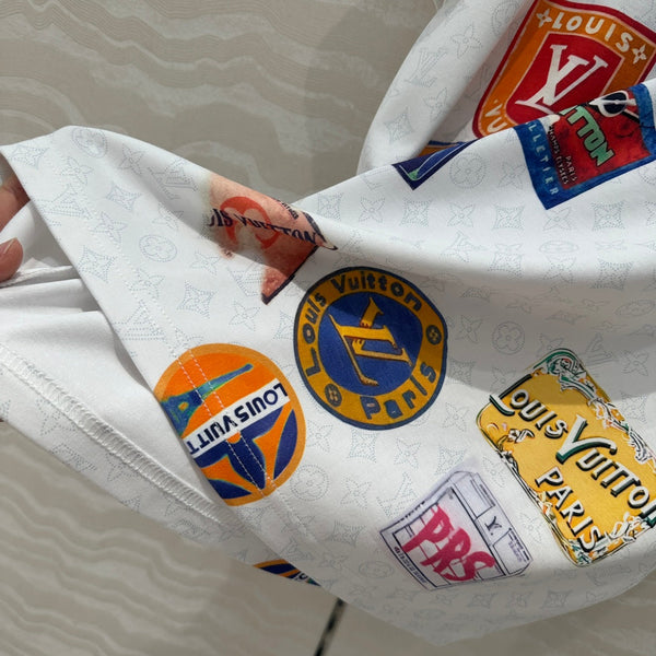 LV Pattern Logo Positioning Poster Badge Printed T-shirt White Cotton