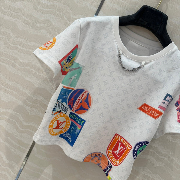 LV Pattern Logo Positioning Poster Badge Printed Croptop Shirt White Cotton