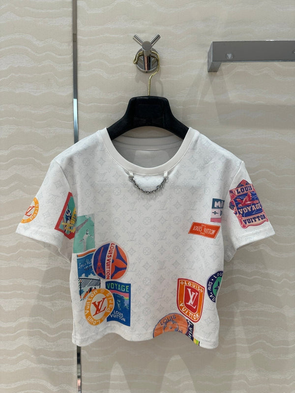 LV Pattern Logo Positioning Poster Badge Printed Croptop Shirt White Cotton