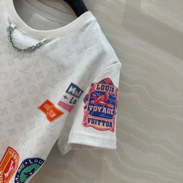LV Pattern Logo Positioning Poster Badge Printed Croptop Shirt White Cotton