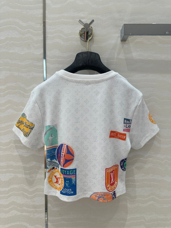 LV Pattern Logo Positioning Poster Badge Printed Croptop Shirt White Cotton