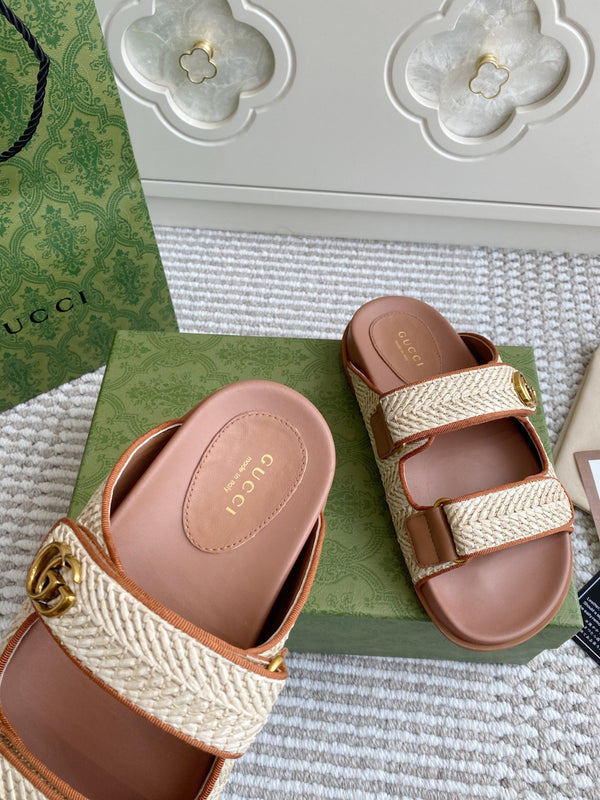 GC sandal with Double G Brown mix Beige Canvas Sheepskin 291016