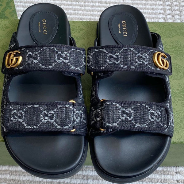 GC sandal with Double G Black Canvas Sheepskin 291017