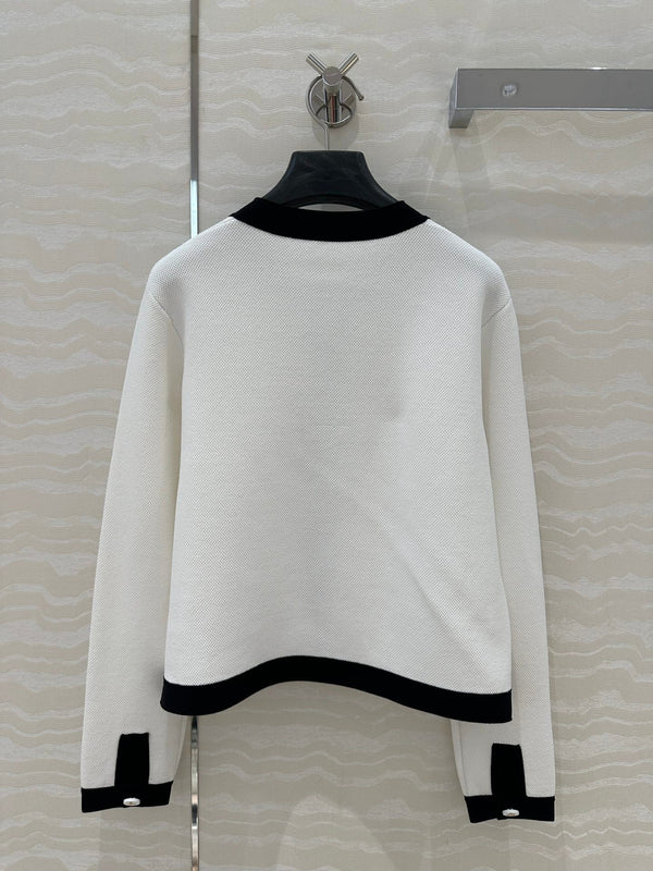 CD Round Neck Cardigan Jacket White Wool Cotton