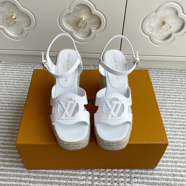 LV Letter Hollow Straw Wedge Sandals 11.5cm White Cowhide 291573