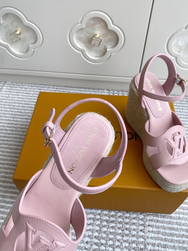 LV Letter Hollow Straw Wedge Sandals 11.5cm Pink Cowhide 291575