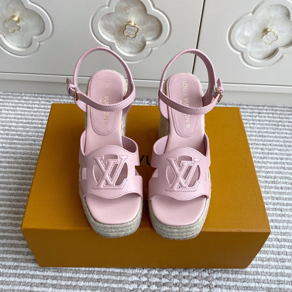 LV Letter Hollow Straw Wedge Sandals 11.5cm Pink Cowhide 291575