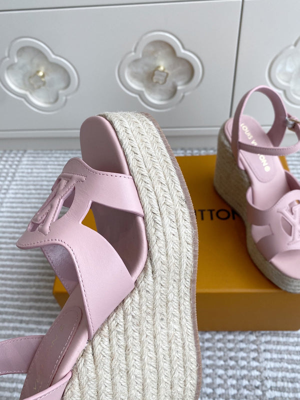 LV Letter Hollow Straw Wedge Sandals 11.5cm Pink Cowhide 291575