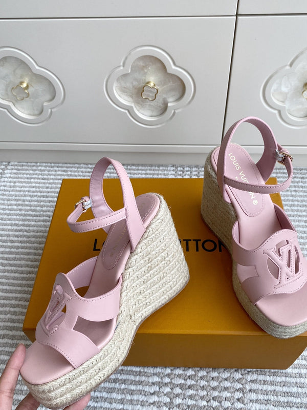 LV Letter Hollow Straw Wedge Sandals 11.5cm Pink Cowhide 291575