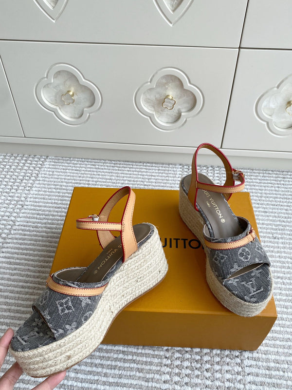 LV Grey Denim Monogram Wedge Sandals 7.5cm Grey Sheepskin Lining 291577