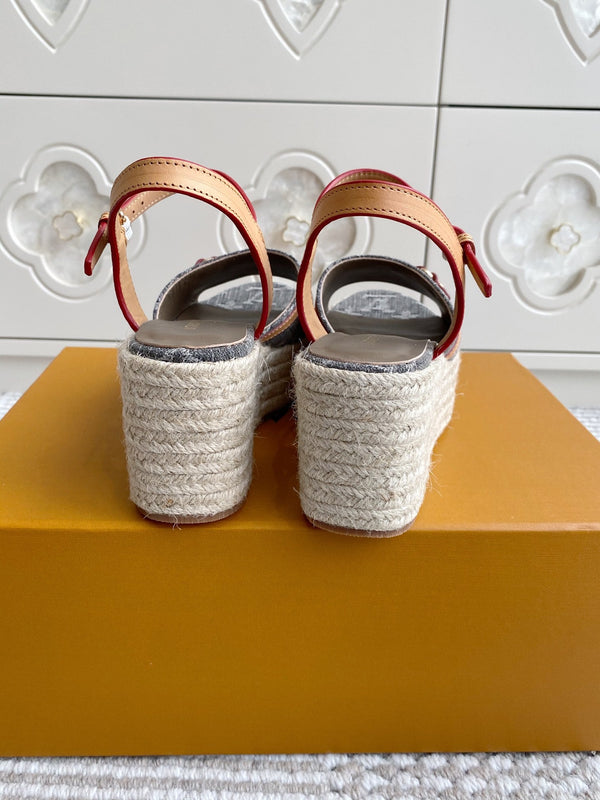 LV Grey Denim Monogram Wedge Sandals 7.5cm Grey Sheepskin Lining 291577