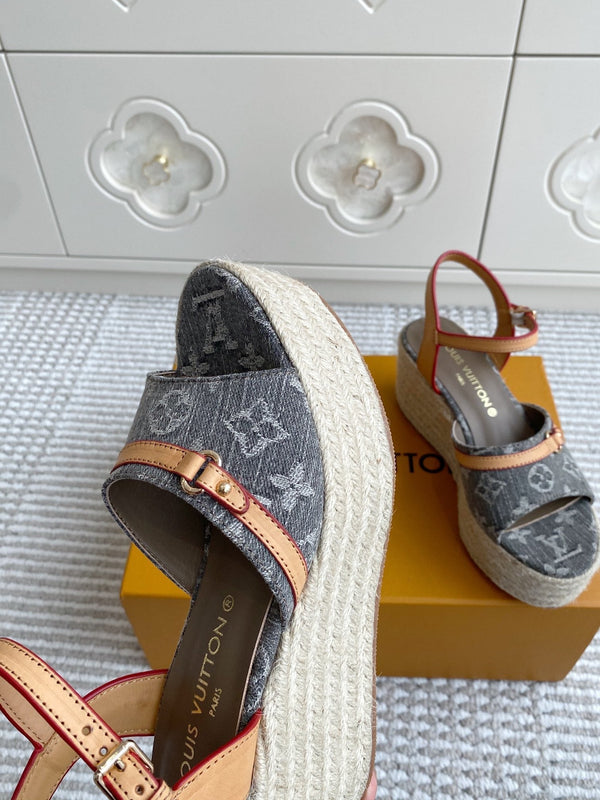 LV Grey Denim Monogram Wedge Sandals 7.5cm Grey Sheepskin Lining 291577