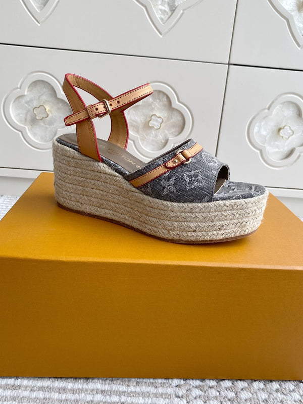 LV Grey Denim Monogram Wedge Sandals 7.5cm Grey Sheepskin Lining 291577