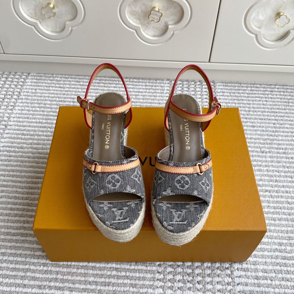 LV Grey Denim Monogram Wedge Sandals 7.5cm Grey Sheepskin Lining 291577