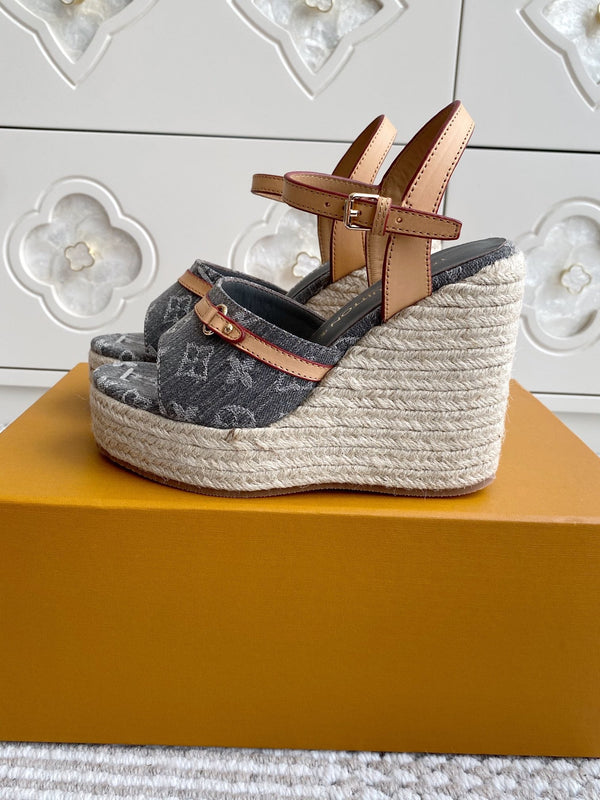 LV Grey Denim Monogram Wedge Sandals 11.5cm Grey Sheepskin Lining 291578